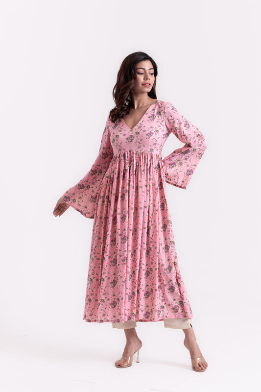 Floral Romance Pink and Beige Print Kurti Set