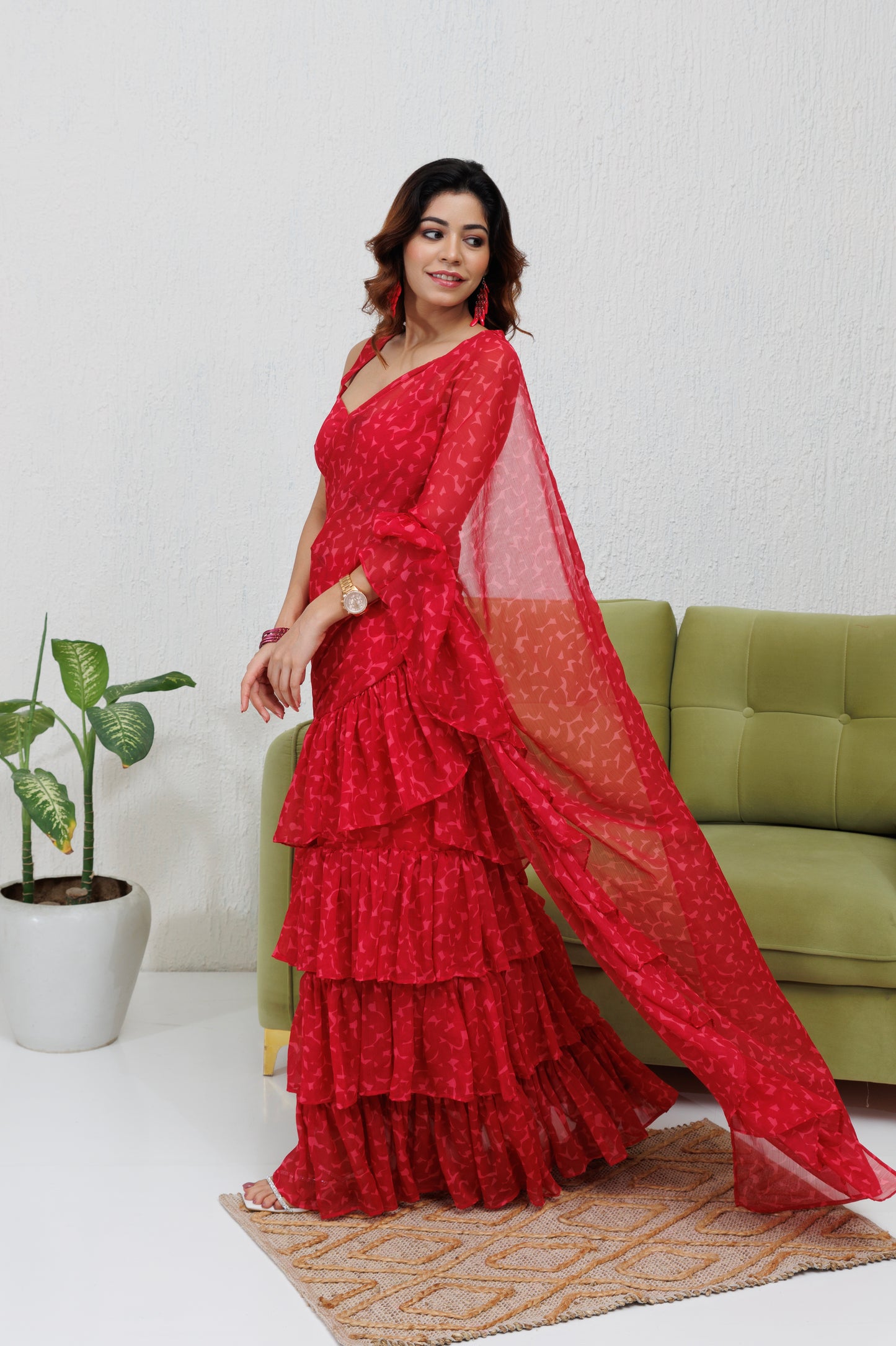 Mystique Melange: Carmine Ruffle Pre Draped Saree