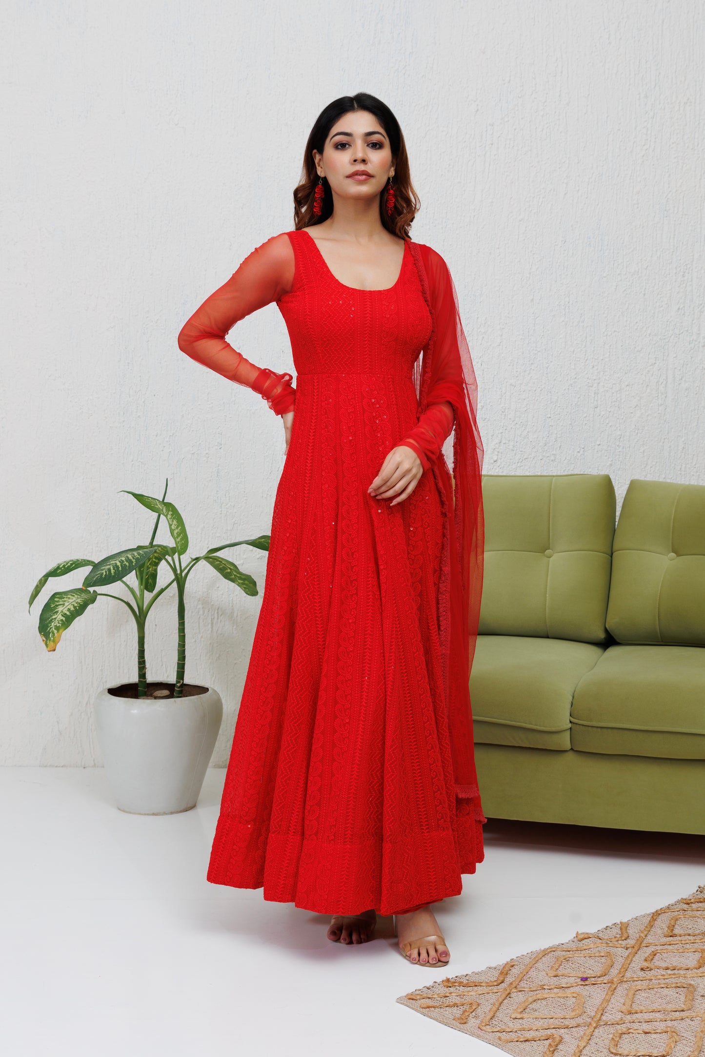 Mystique Melange: Red Chikankari Anarkali