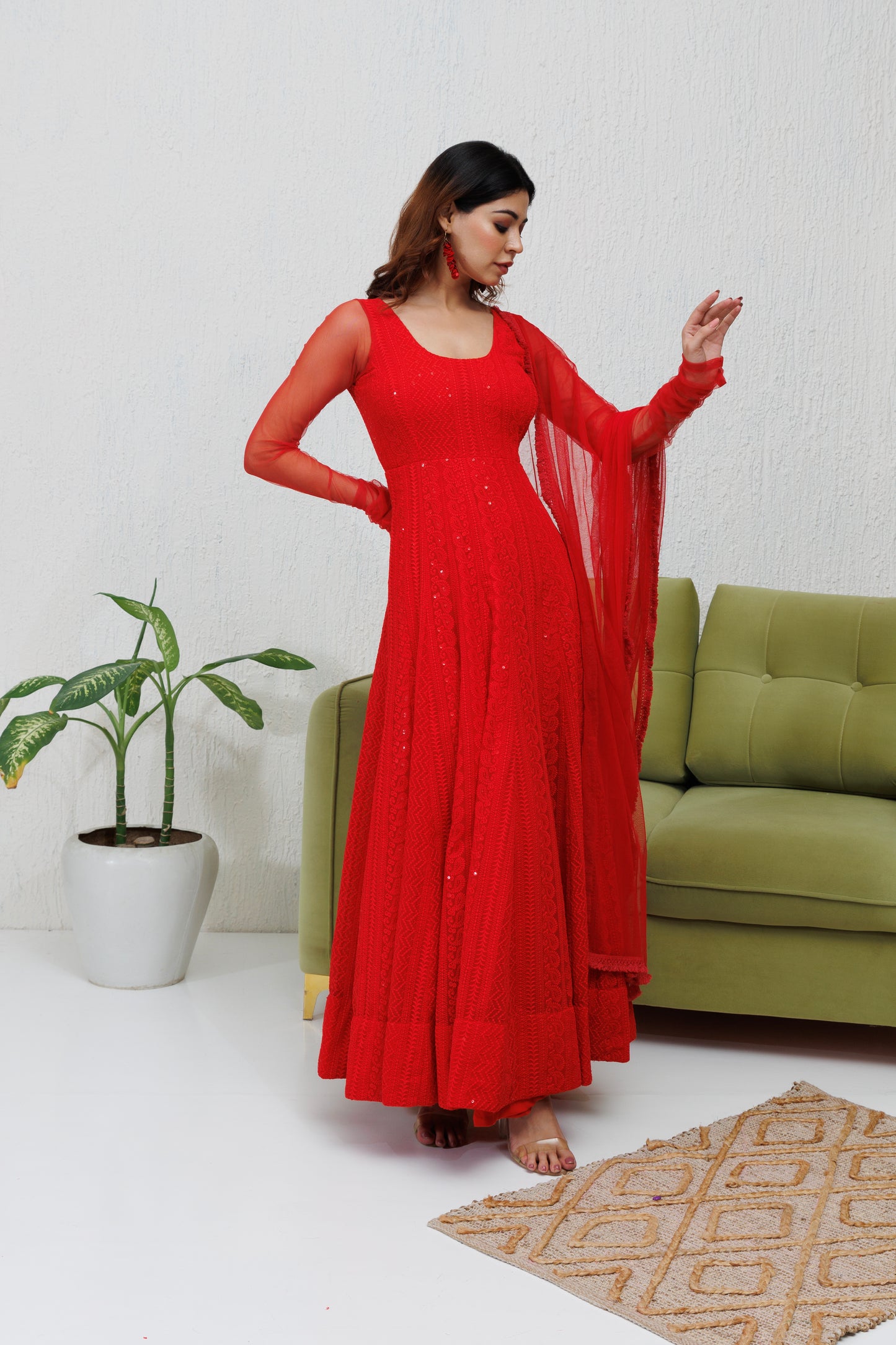 Mystique Melange: Red Chikankari Anarkali