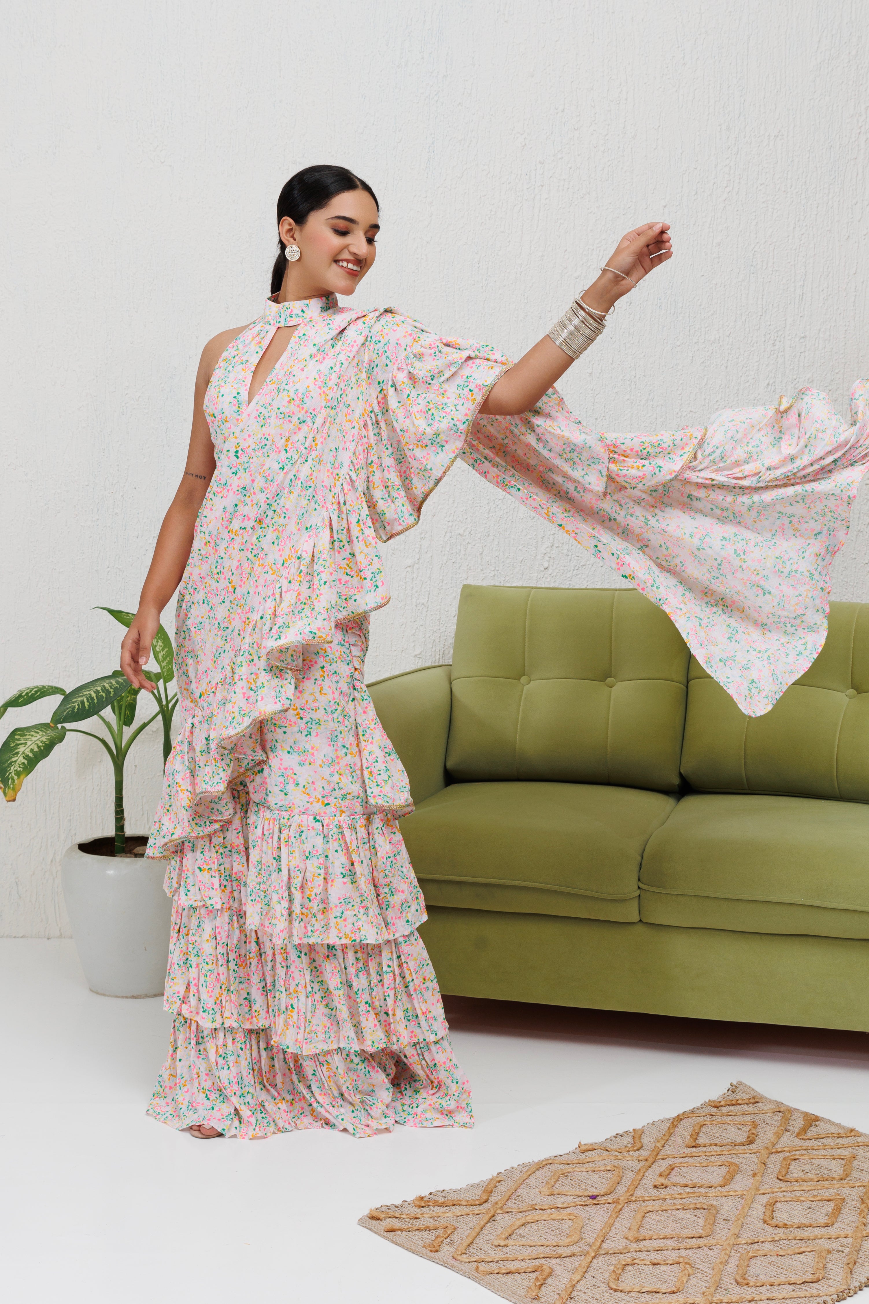 MEGAN JASMINE WHITE FLORAL PRINTED RUFFLE SAREE WITH BELT – Deasha India