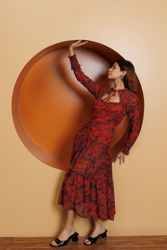 Frontier Chic: Brown Printed Long Dress
