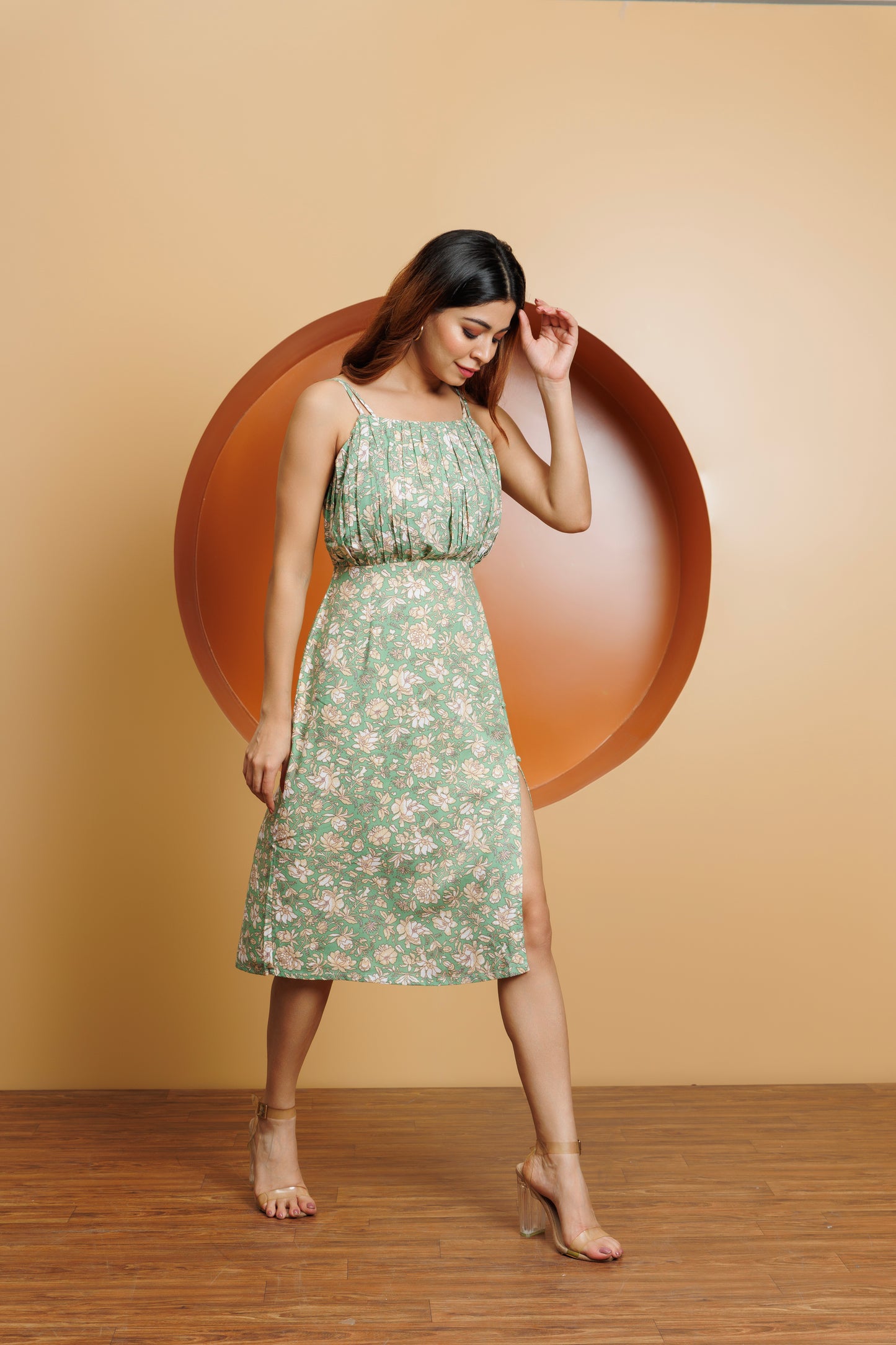 Frontier Chic: Green floral print side slit dress