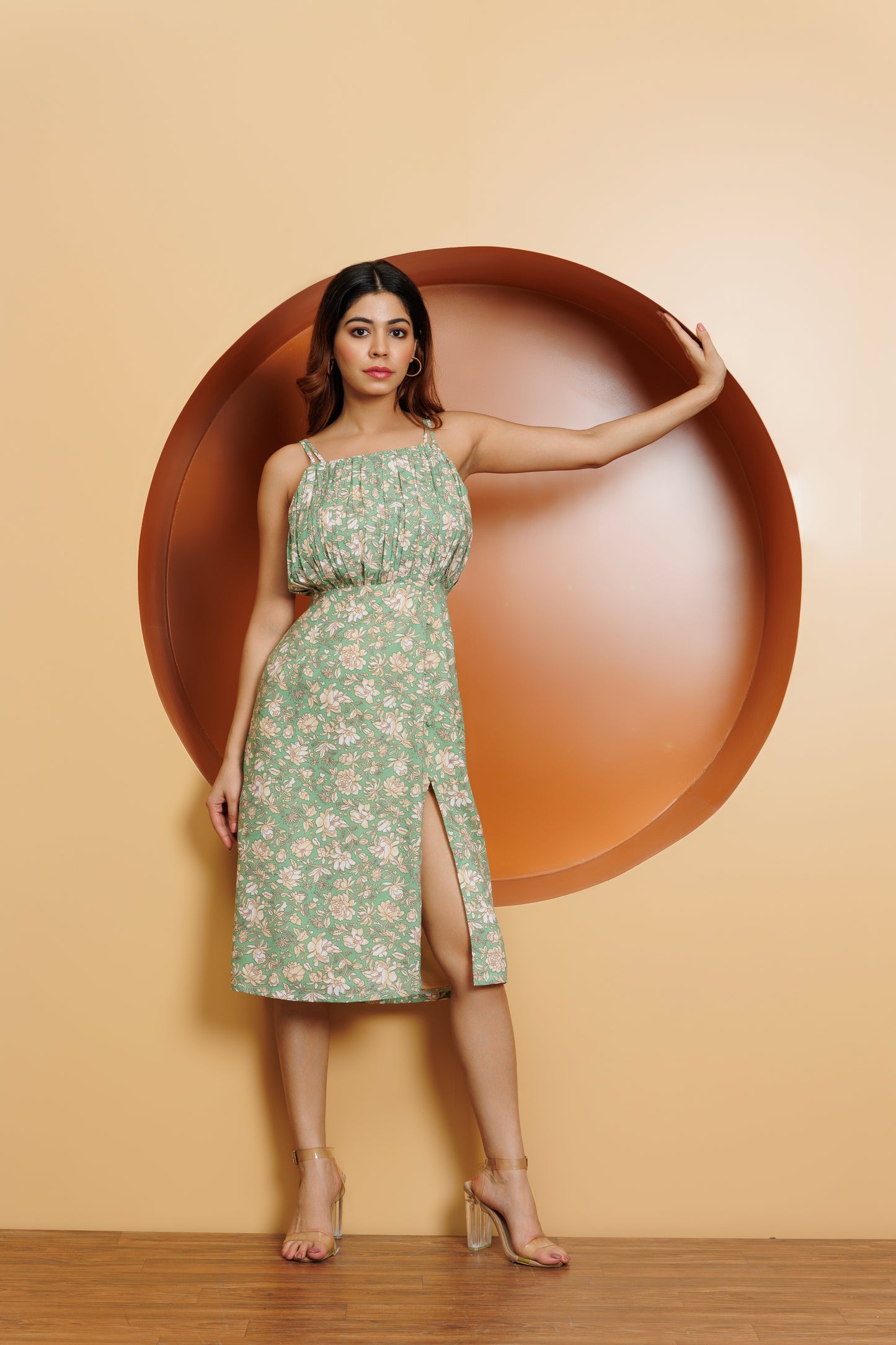 Frontier Chic: Green floral print side slit dress