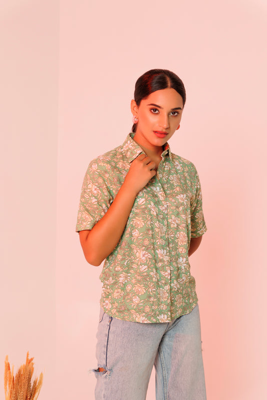 Frontier Chic: Green floral print shirt