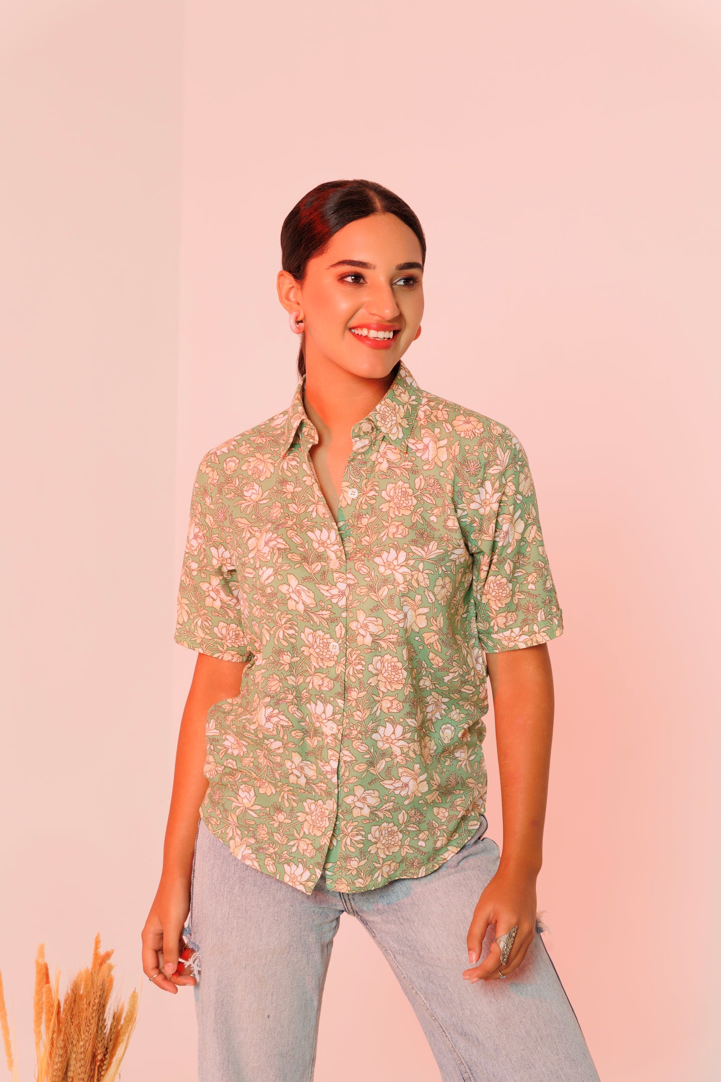 Frontier Chic: Green floral print shirt