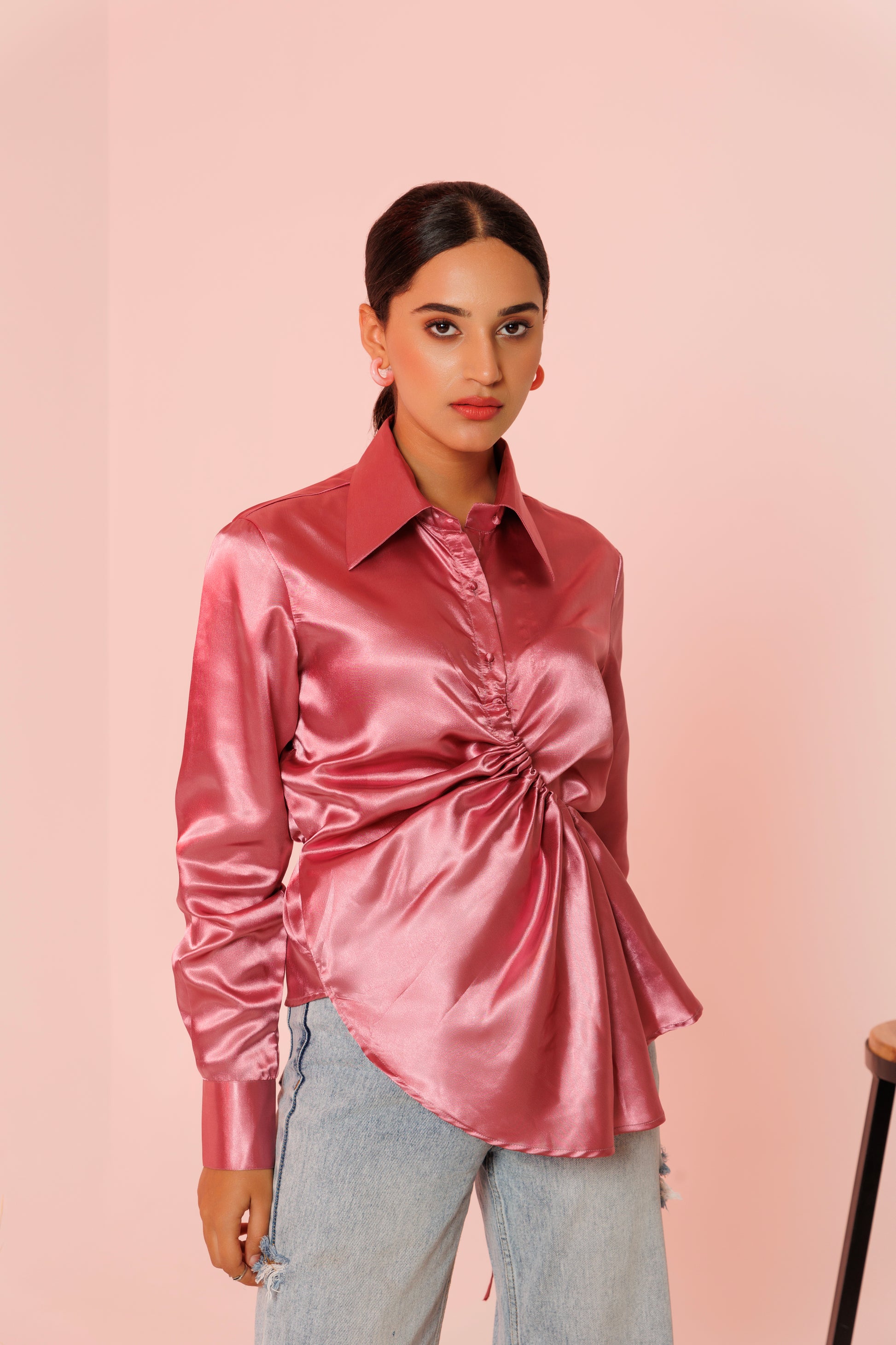 Frontier Chic: Pink satin drape shirt1