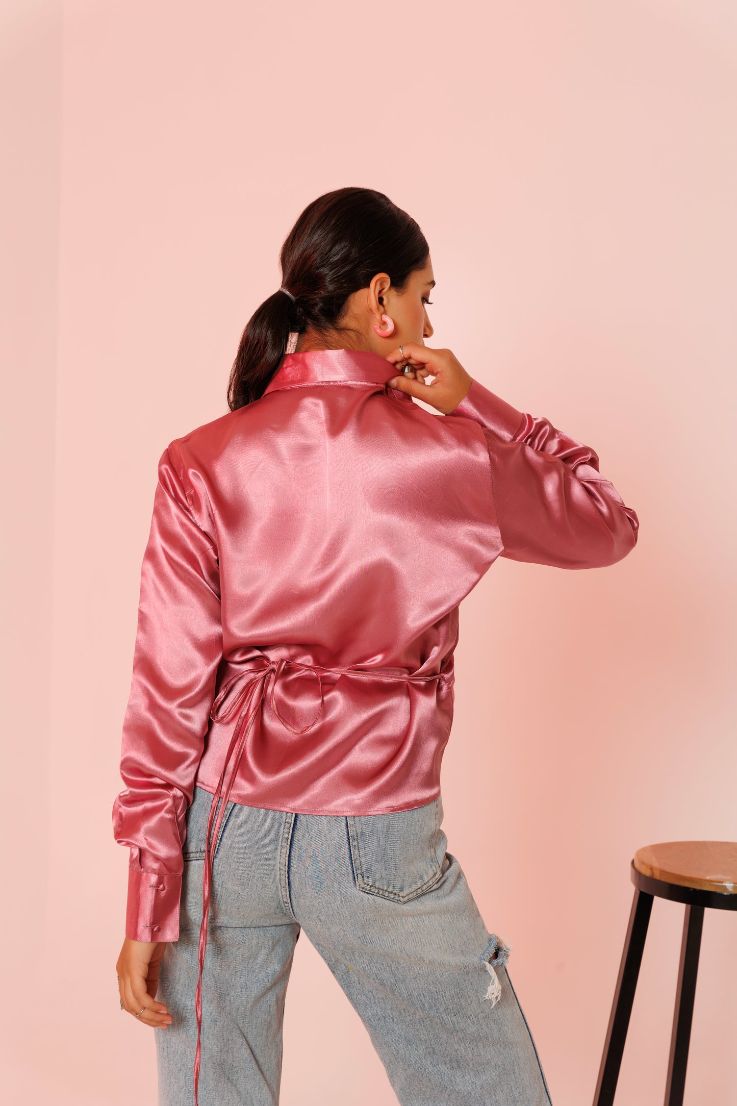 Frontier Chic: Pink satin drape shirt