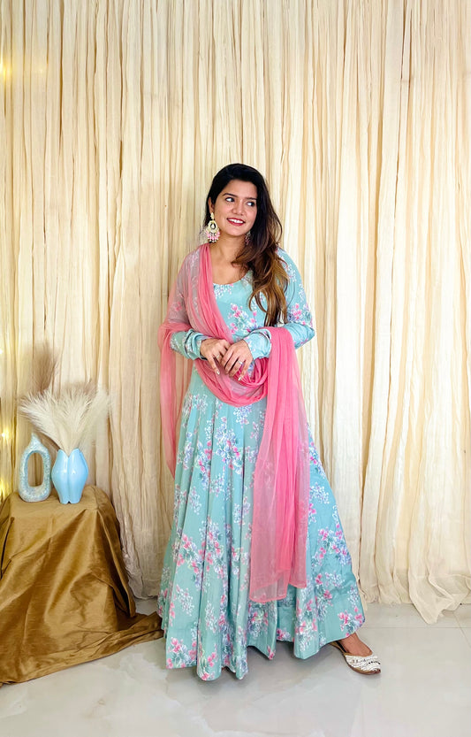 Floral Grace Sea Green Georgette Anarkali