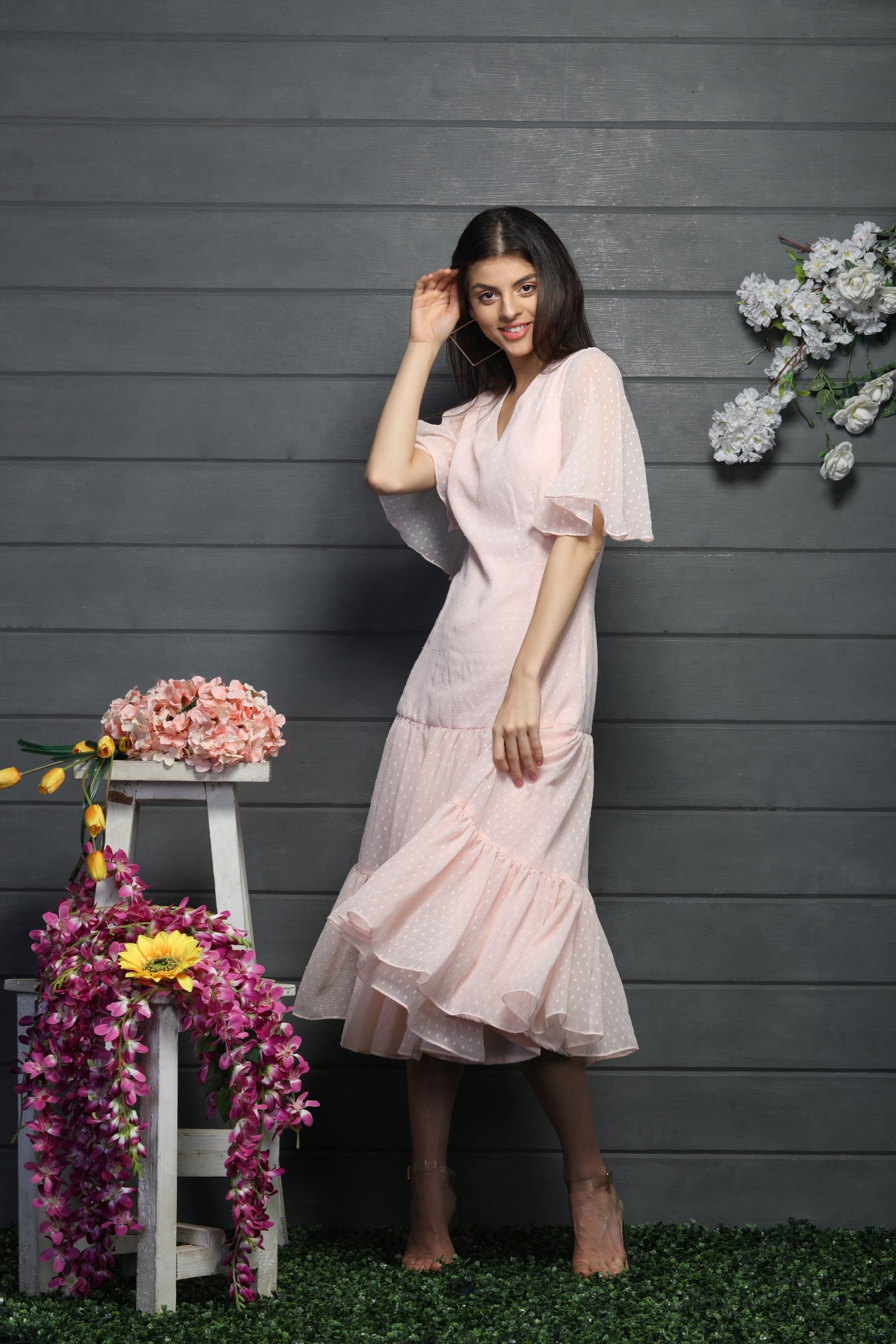Peach coloured- tiered long dress