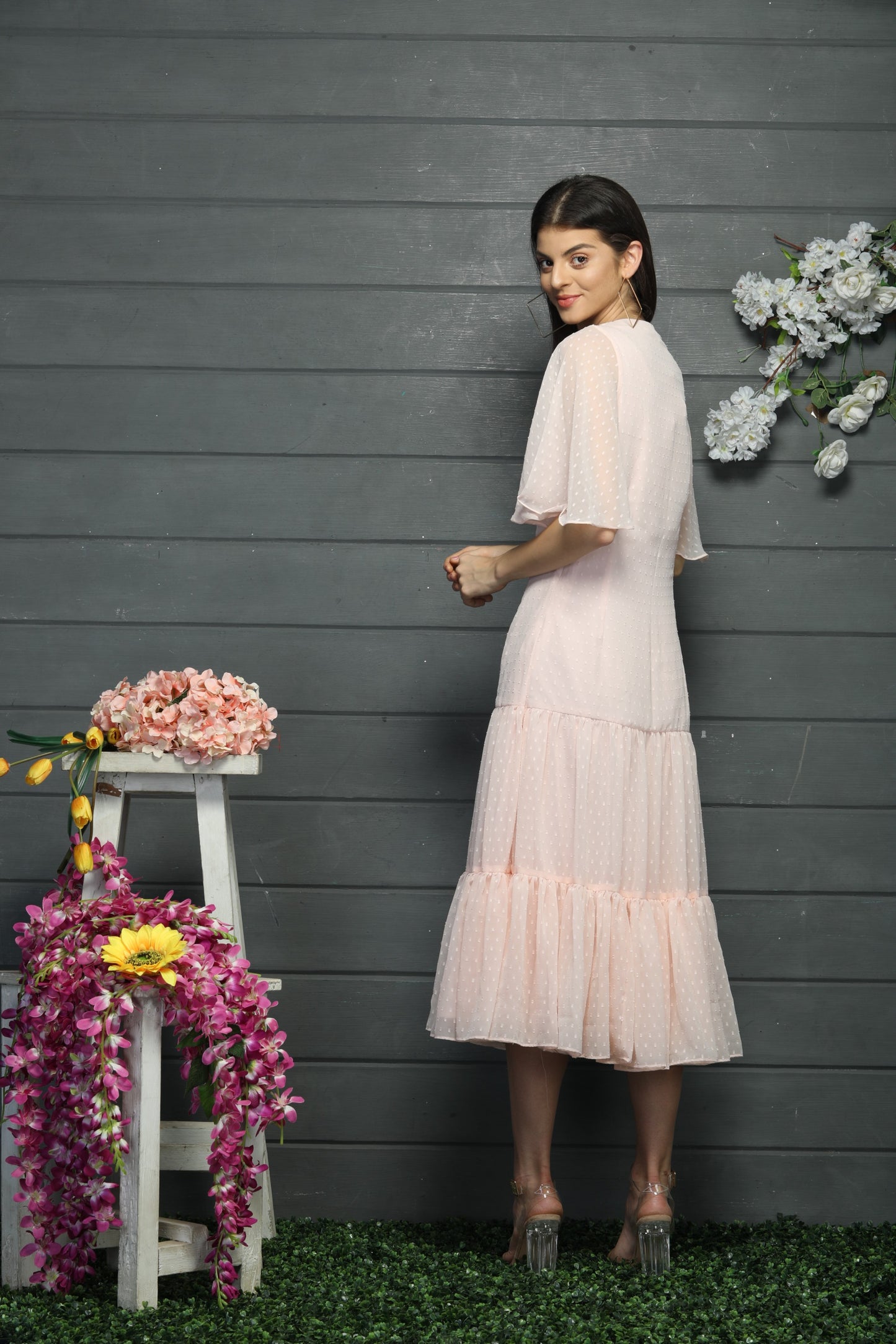 Peach coloured- tiered long dress
