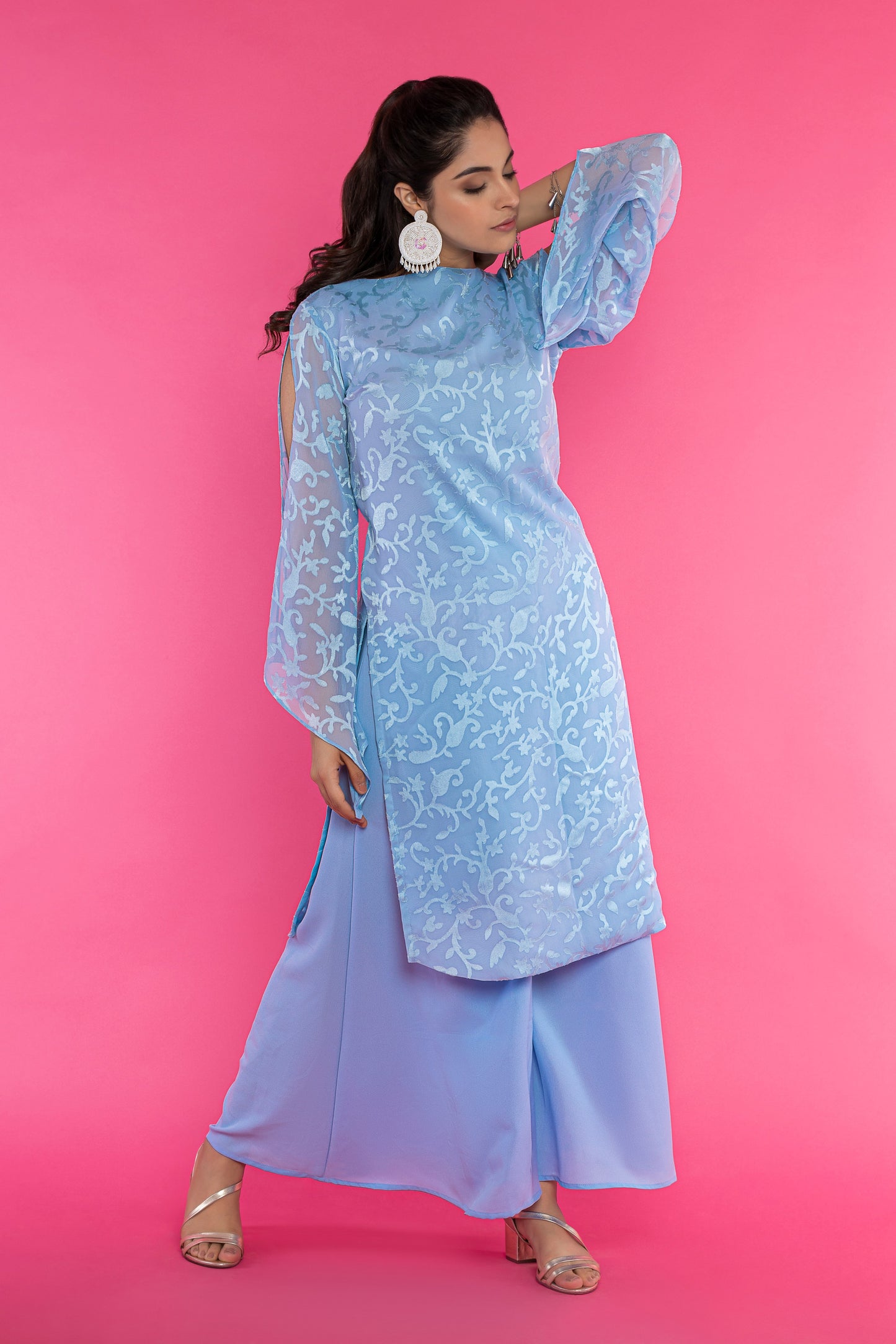 Blue long slitted sleeves  kurti set