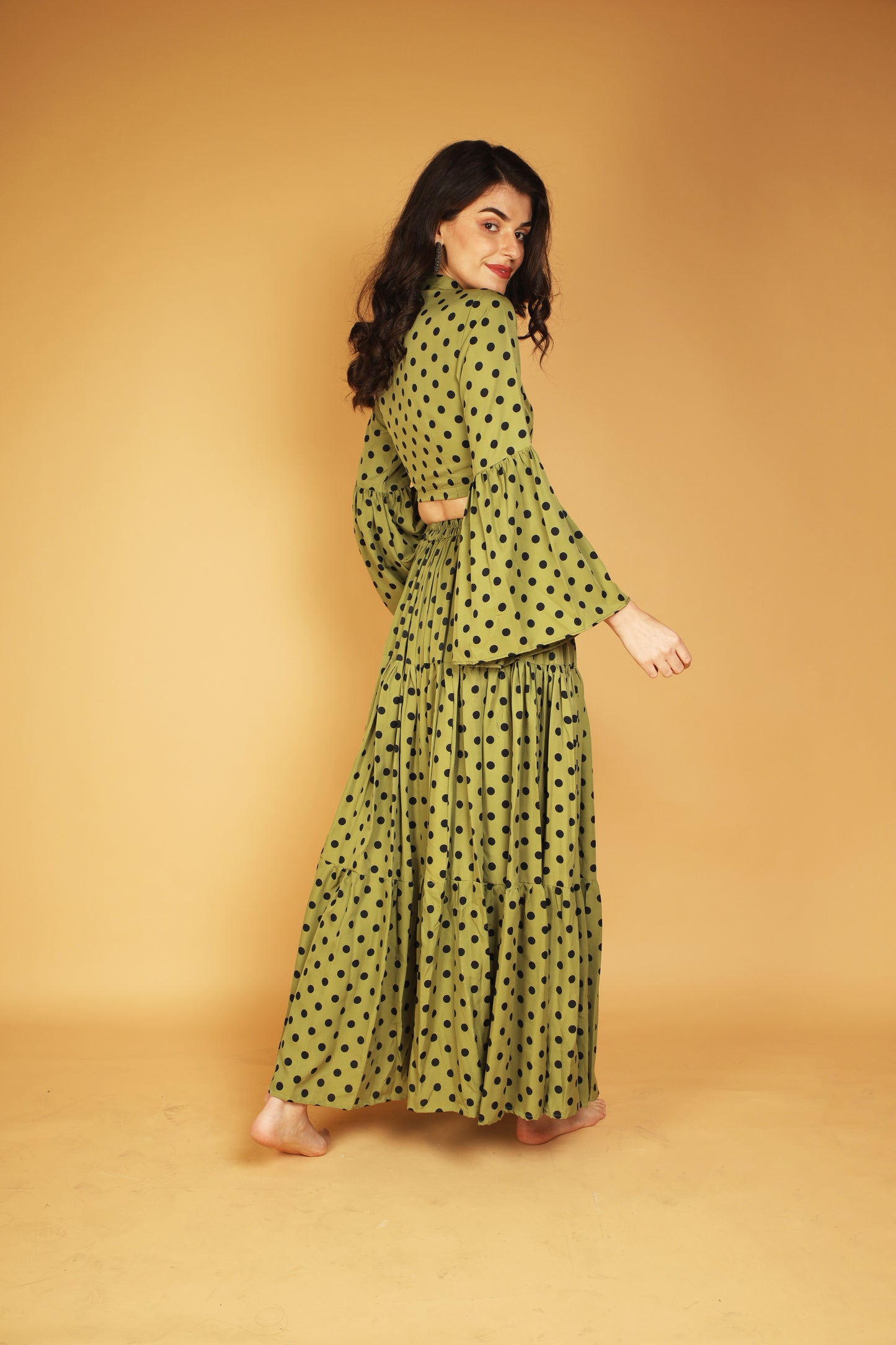 GARVILI Olive Green Polka dotted Skirt Set