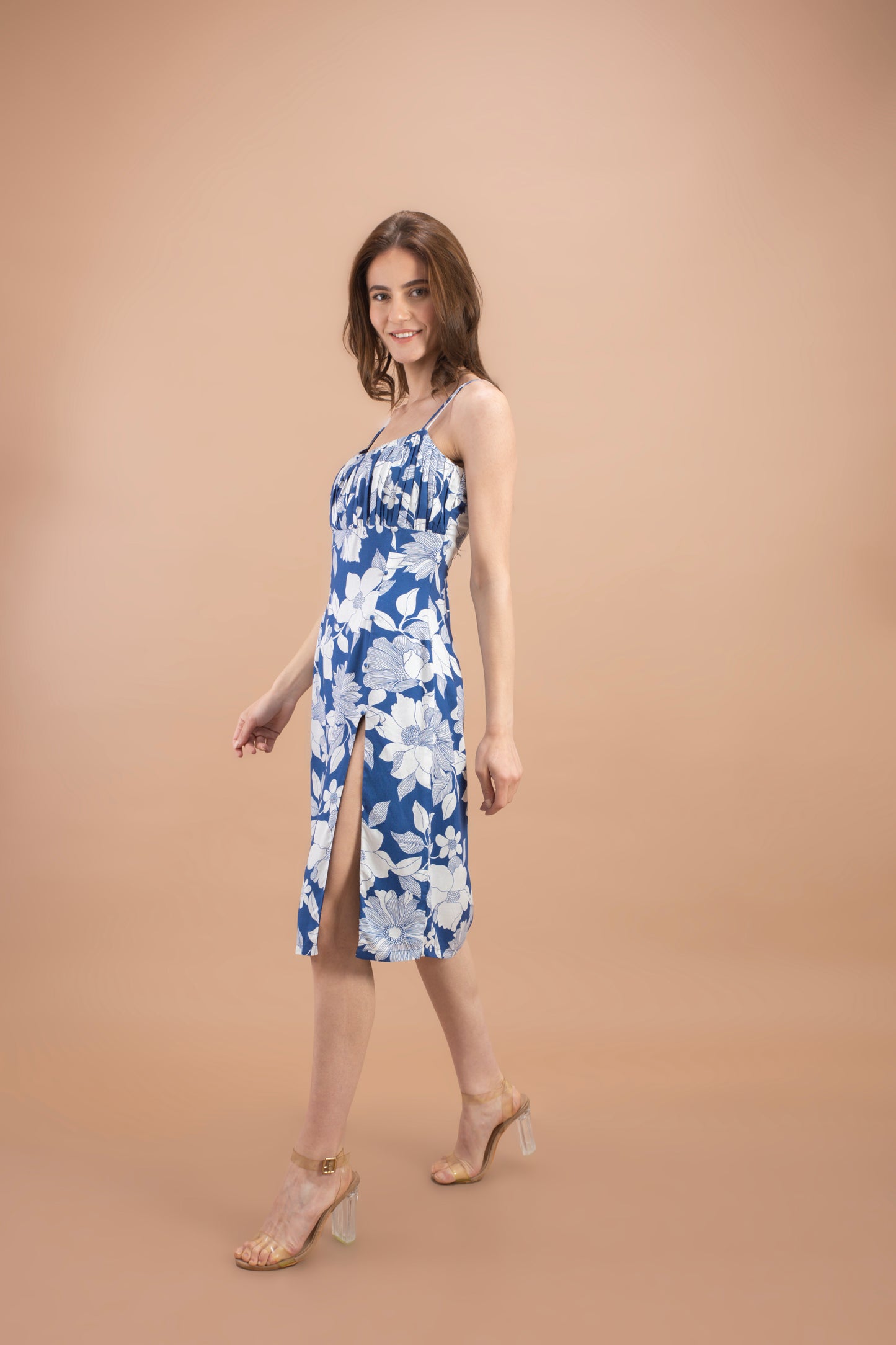 "Blue Floral Printed Slit Dress"