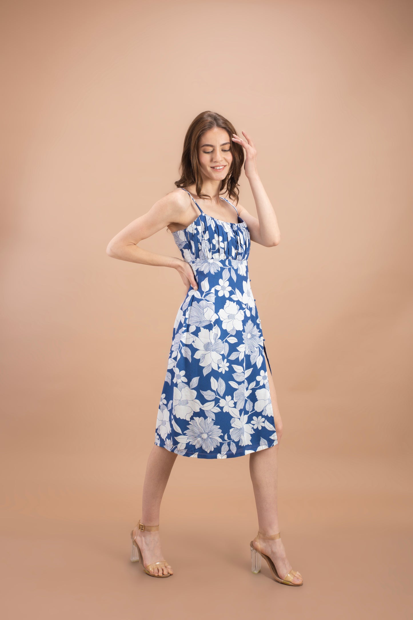 "Blue Floral Printed Slit Dress"