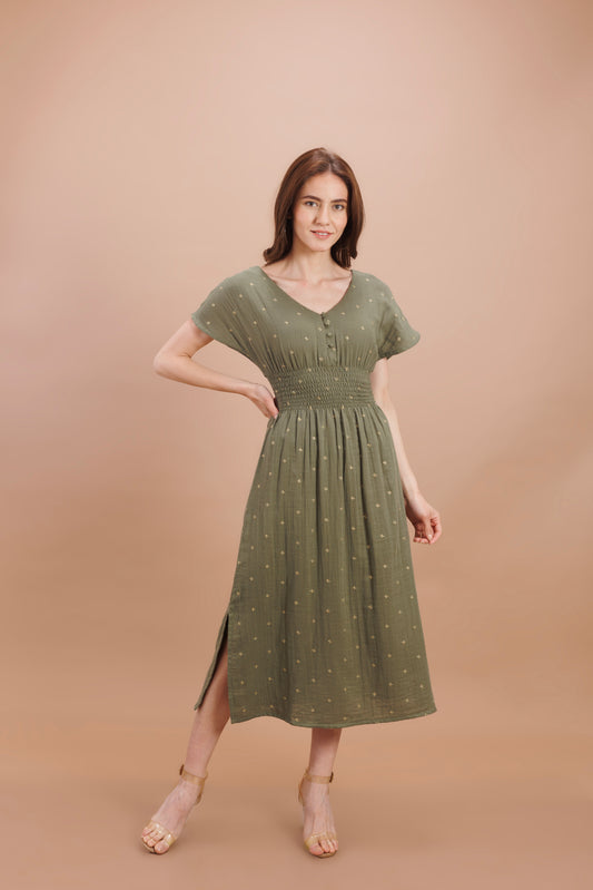 "Olive green calf length dress"