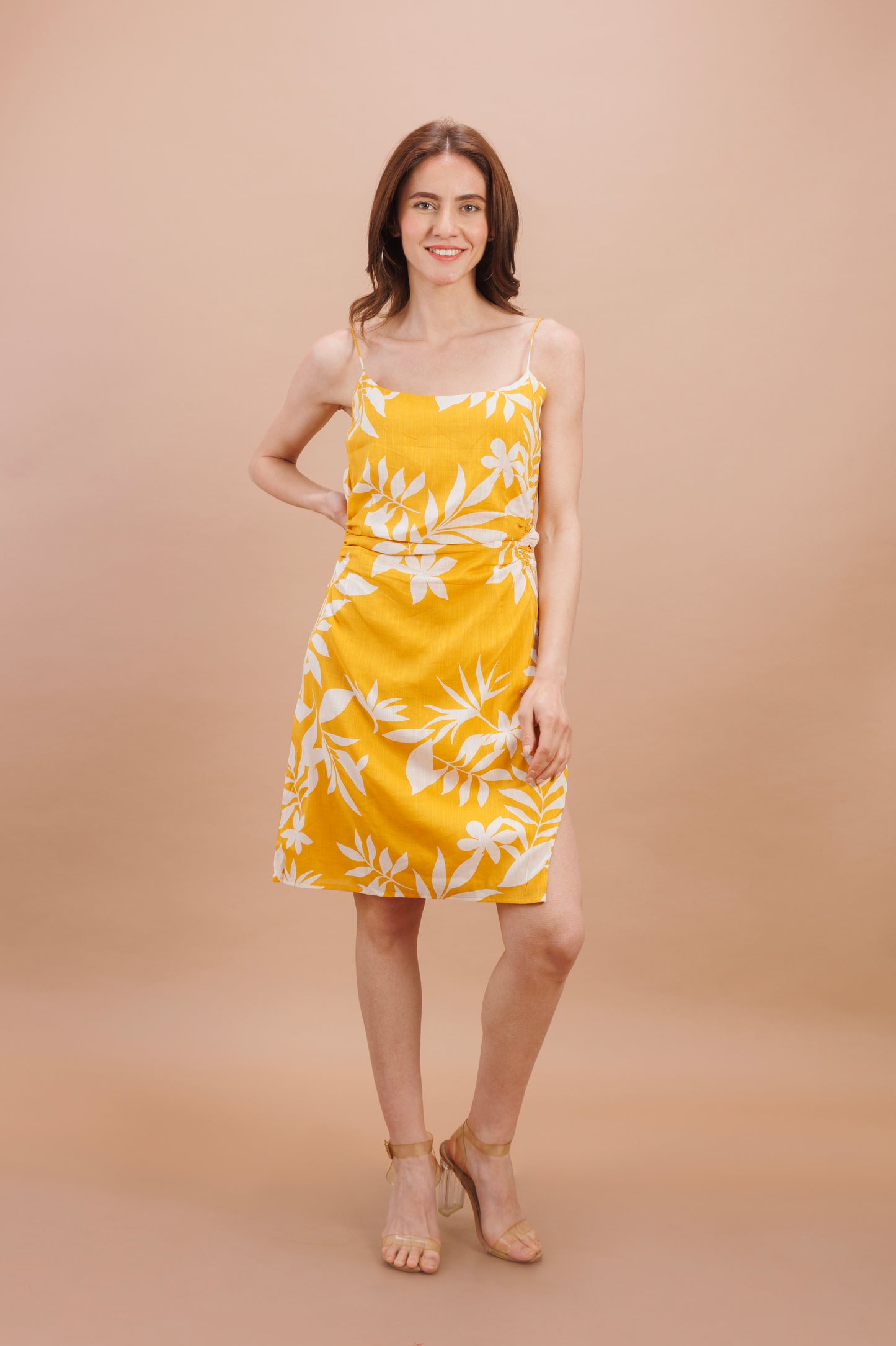 "Sunshine yellow cowl waist dress"