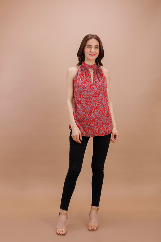 "Red printed halter neck top"