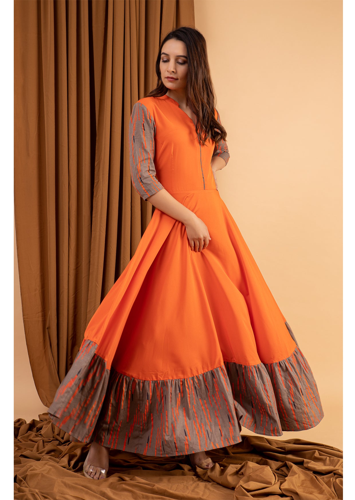 orange flared long dress