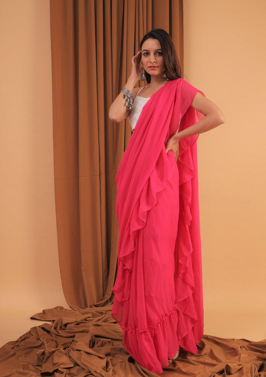 Fuschia  pink saree set