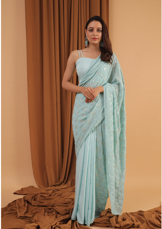 mint blue sequined saree  set