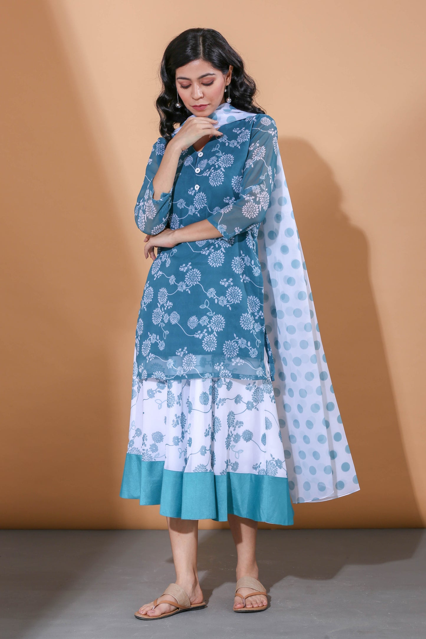 Adhikam- Teal blue kurti and lehenga set