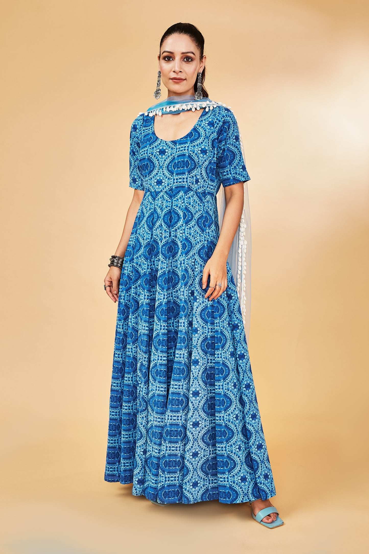 Blue Printed Anarkali Set