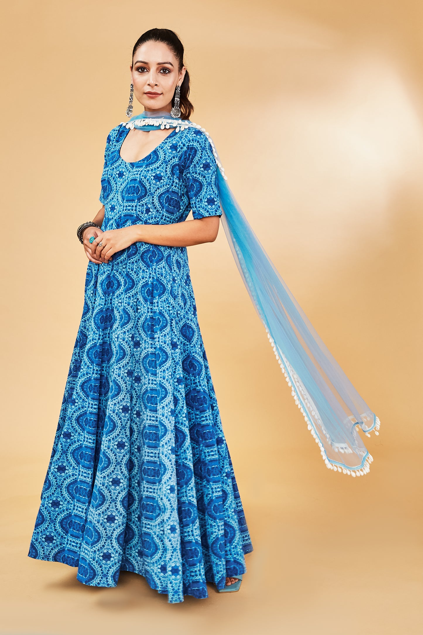 Blue Printed Anarkali Set