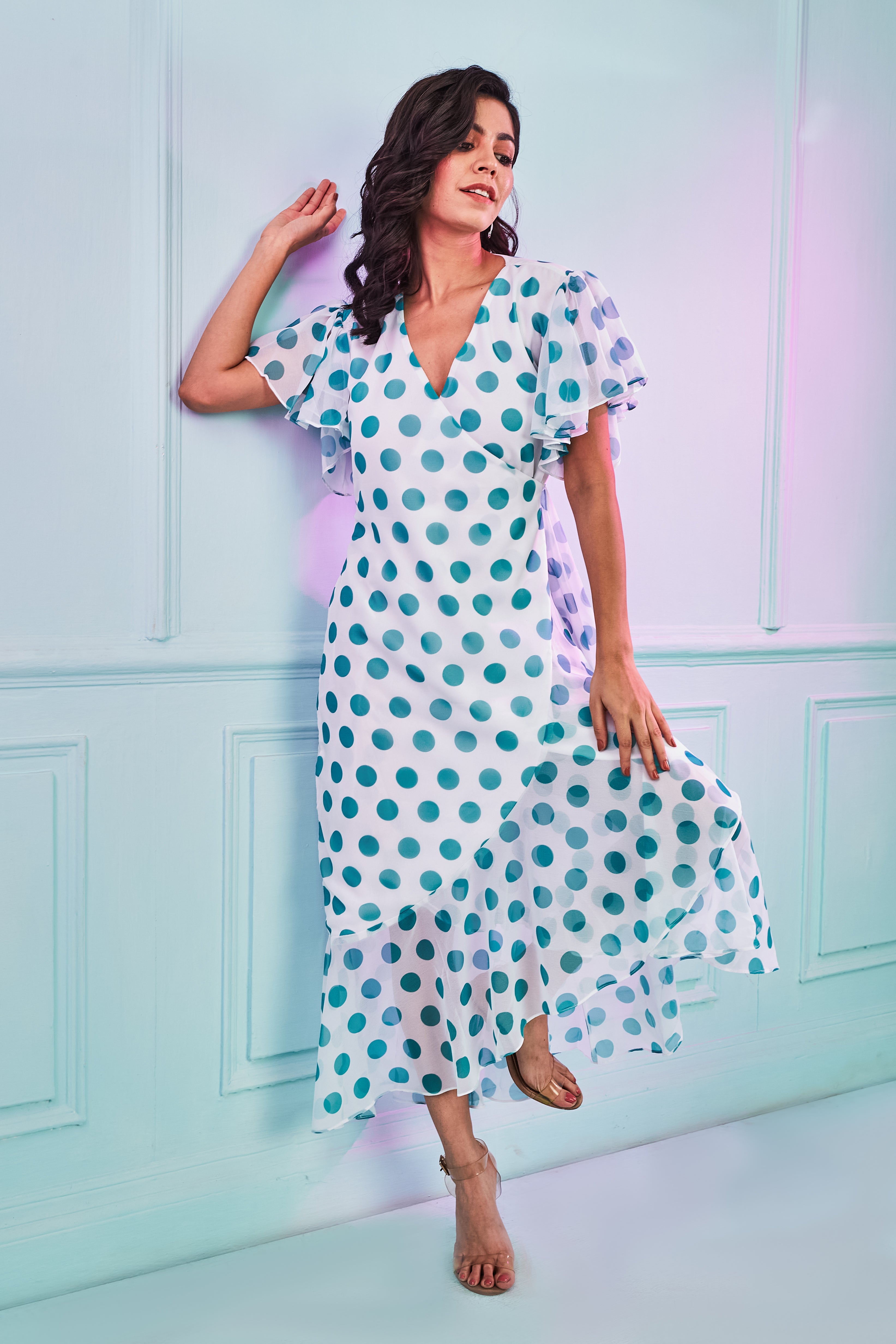 Blue polka dot outlet ruffle dress